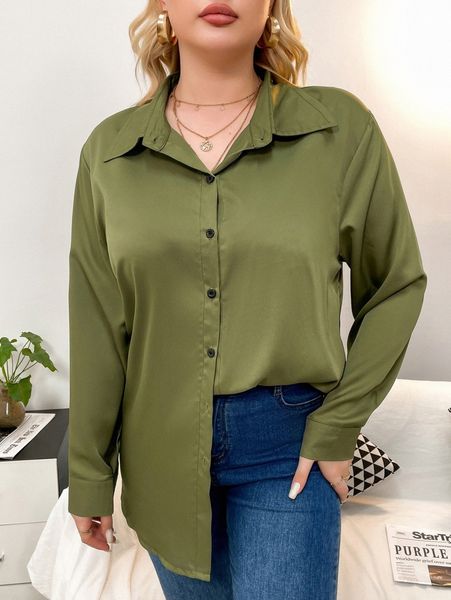 

plus solid button up blouse z17s#, Black