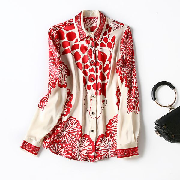 

2021 spring long sleeve lapel neck black / red floral print natural silk single-breasted soie blouse elegant casual shirt shirts wj12280, White