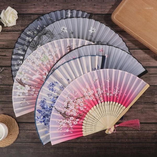 

1pc retro chinese japanese silk bamboo folding fan home decoration ornaments floral painting hand held fans dance party1