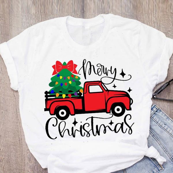 

women graphic cartoon truck tree happy time winter merry christmas clothing female printed lady tees t shirt t shirt, White