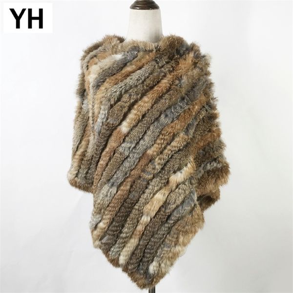 

women real natural rabbit fur pashmina casual knitted striped real rabbit fur scarf lady real rabbit fur poncho shawl y201024, Blue;gray