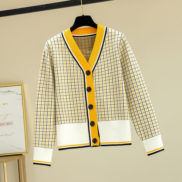

2021 new plaid women cardigan sweater autumn color block winter outwear clothing soft knitted female jumoer lady coat quxm, White;black