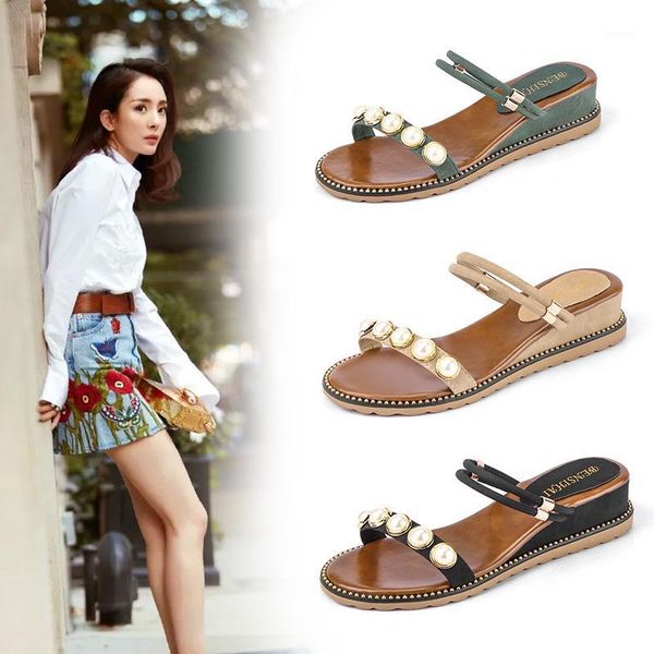 

020 fashion korean new style all-match slope heel pearl one-character sandals two-wear women's summer fashion outside1, Black