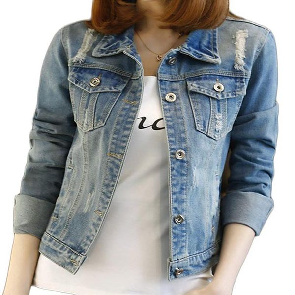 

fesky long sleeve denim jacket ripped jean jacket boyfriend coat for women, Black;brown