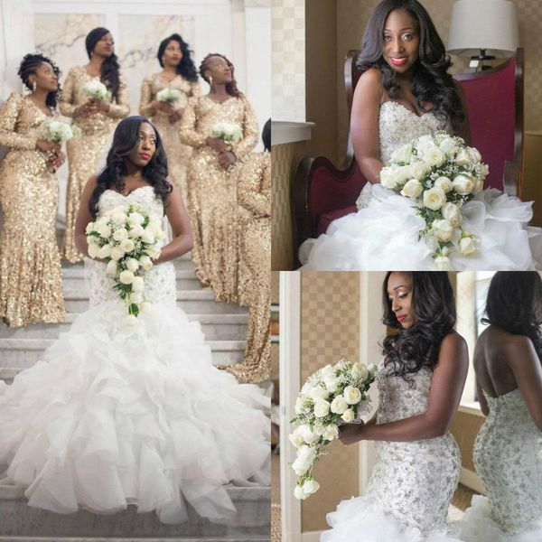 

plus size african mermaid wedding dress sweetheart major beading tiered skirts bridal gowns sweep train garden wedding dresses, White