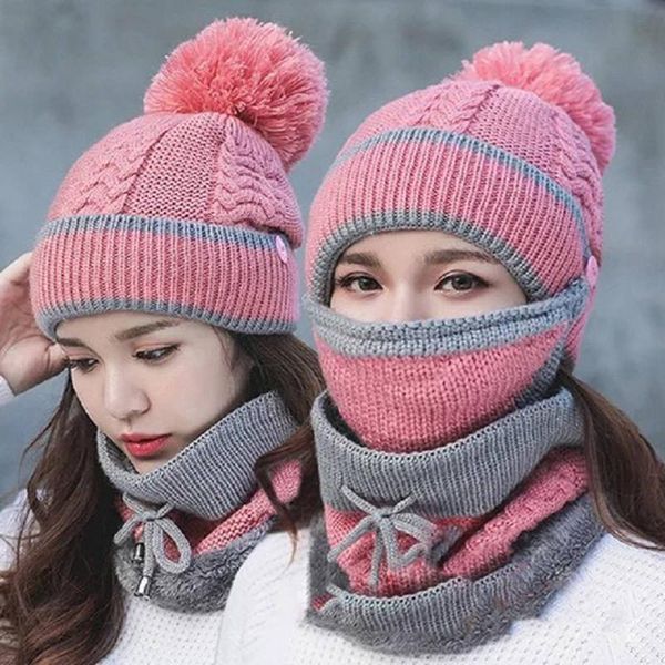 

3шт зима сгущает теплая вязаная шапочка pompom hat cap маска шеи шарф set xmas gifts зимние шапки набор для женщин, Blue;gray