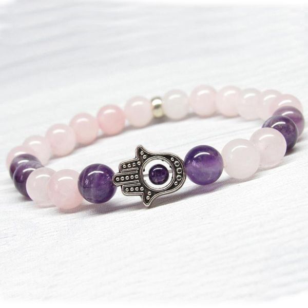 

rose quartzs beaded pulsera mujer healing stone hamsa charm bracelet amethysts bracelet for men women gift, Golden;silver