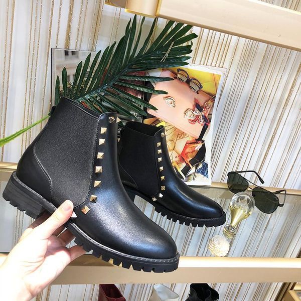 

black leather winter boots women low heels ankle booties slip on botas mujer invierno 2020 rivets warm shoes woman knight boots1
