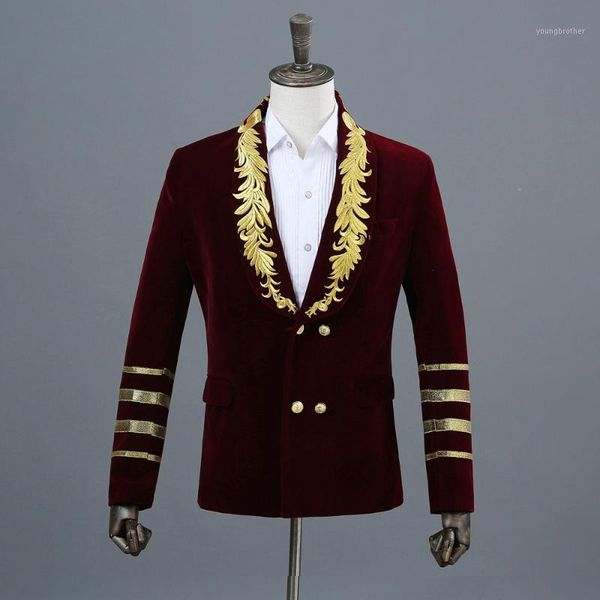 

men's suits & blazers male green collar suit jacket costume singer stage double breasted shirt annual meeting velveteen embroidery show, White;black