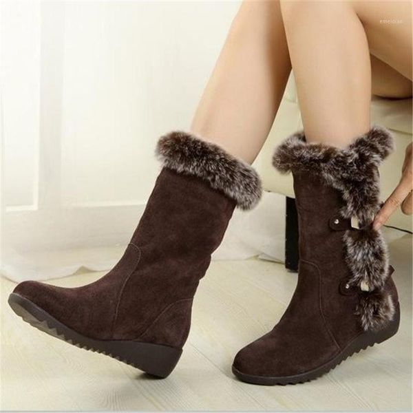 

new winter women boots casual warm fur mid-calf boots shoes women slip-on round toe wedges snow shoes muje plus size 421, Black