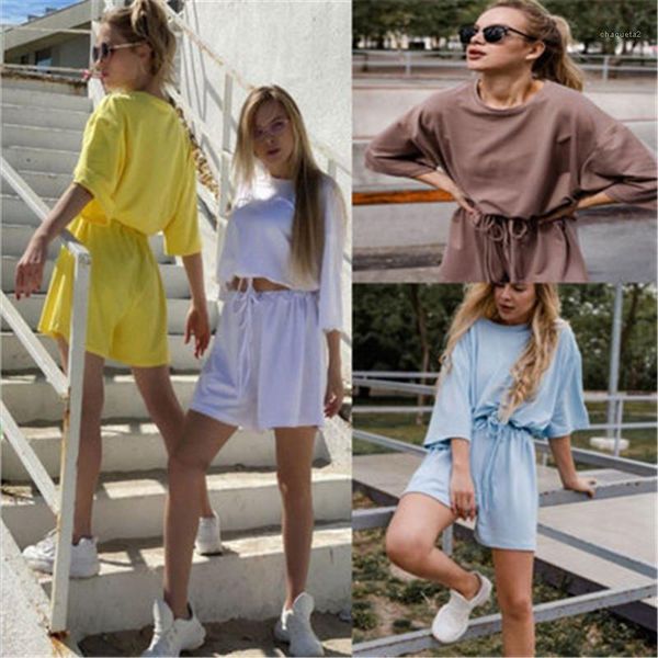 

summer loose sport 2pcs suits fashion trend round neck half sleeve shorts tracksuits ladies pure color home sets designer female, Gray