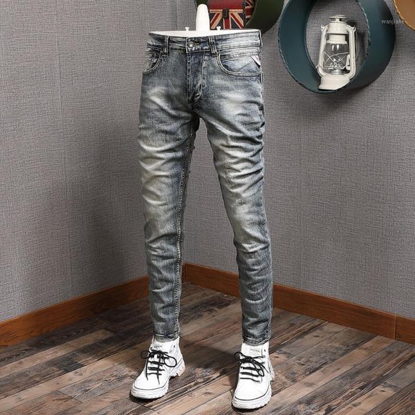 

newly designer fashion men jeans elastic slim fit casual denim trousers italian style retro blue vintage long pants1
