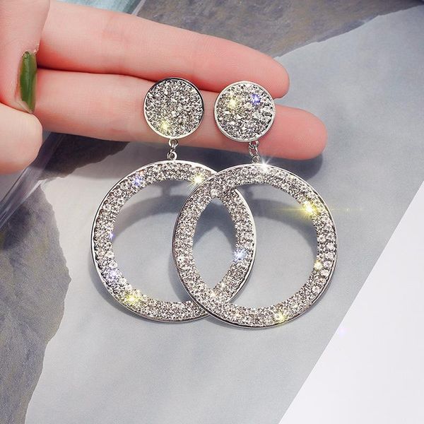 

full rhinestones earrings for women girls statement brincos party jewelry crystal earrings gift round big circle, Silver