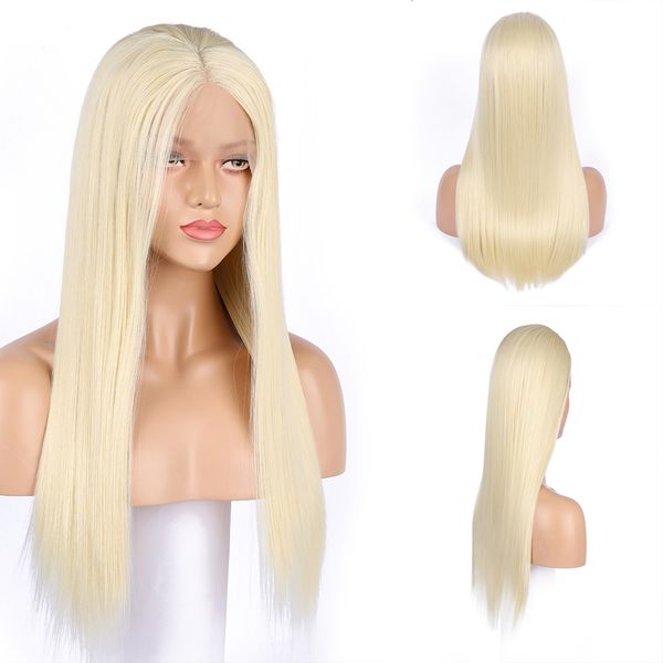 

honey blonde synthetic lace front wigs for women silky straight hair 613 heat resistant fiber natural, Black;brown