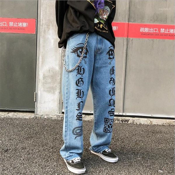 

fashion big eyes letter print jeans men straight denim trousers man taille haute loose streetwear hiphop trouser dropshipping1, Blue