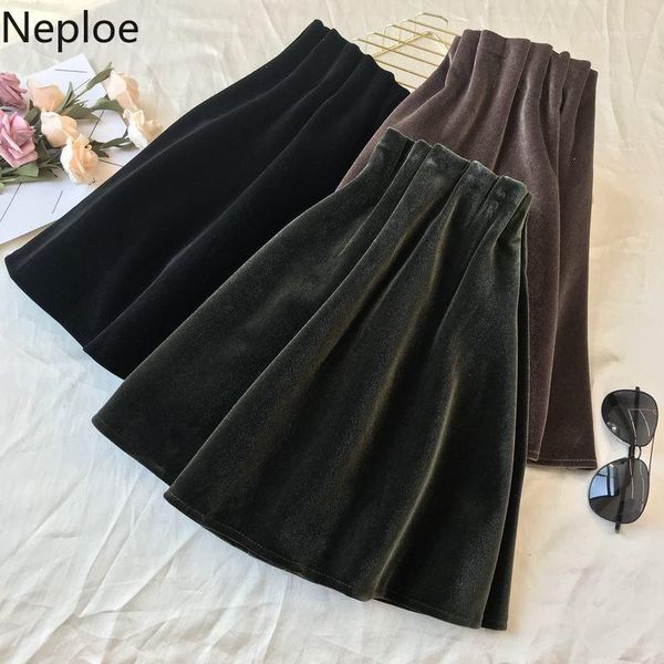 

skirts neploe autumn winter high waist hip a line skirt gold velet elastic mini jupe femme solid pleat fashion outwear ropa mujer1, Black