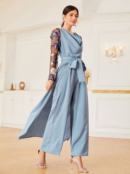 

floral embroidered mesh sleeve cowl neck belted jumpsuit e5z9#, White