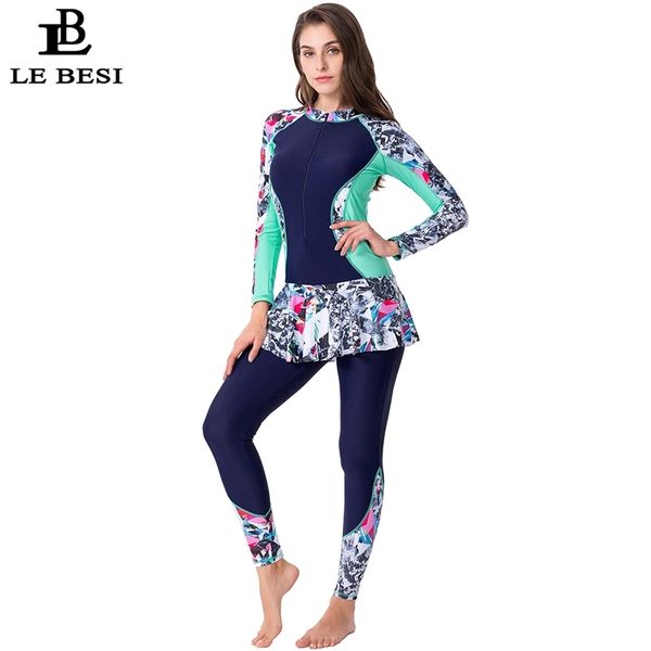 

lebesi new women one piece skirt swimsuit sports bathing suit plus size swimwear print long sleeve pants zipper surf suit y200319, White;black