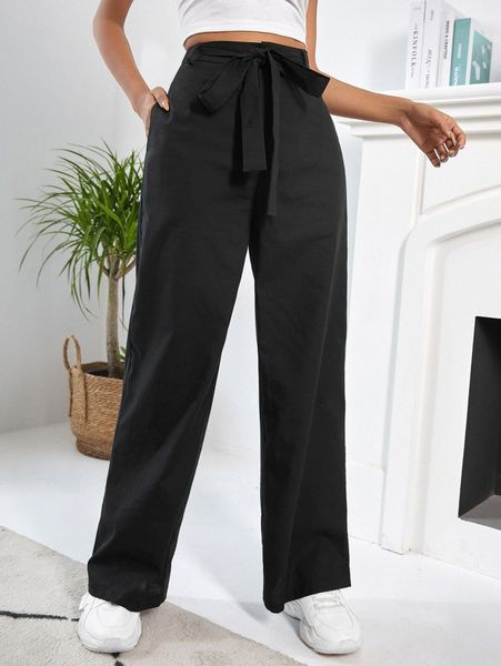 

hidden pocket split hem belted straight leg pants 26r7#, Black;white