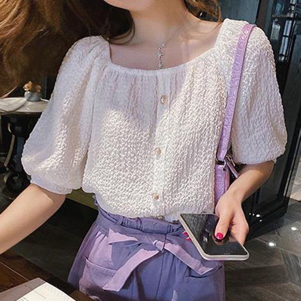 

fashion dot print blouses women puff short sleeve solid harajuku ladies button short shirts summer jy61, White