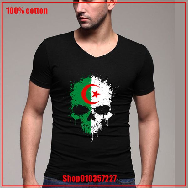 

chaotic algerian flag splatter skull summer v neck slim fit short sleeve casual sport hooded sweatshirt hoodie t shirt