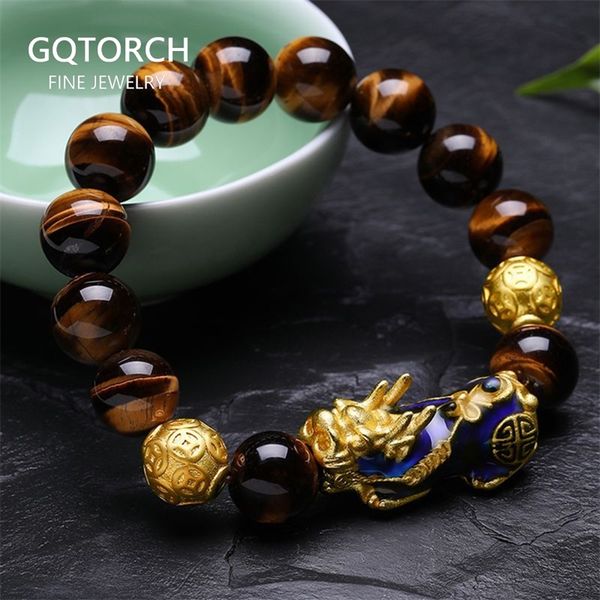

natural yellow tiger eye black onyx beads bracelet with temperature change color lucky pixiu brave troops fengshui jewelry y200730