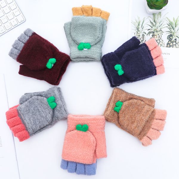 

special winter fashion women's cartoon bean sprout knitted flip student warm and thickened half finger gloves, Blue;gray
