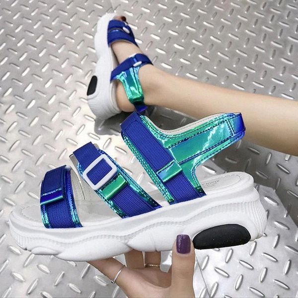 

rimocy blue laser buckle wedges sandals for women thick bottom platform summer shoes woman 2020 casual sport sandalias mujer #qv01, Black