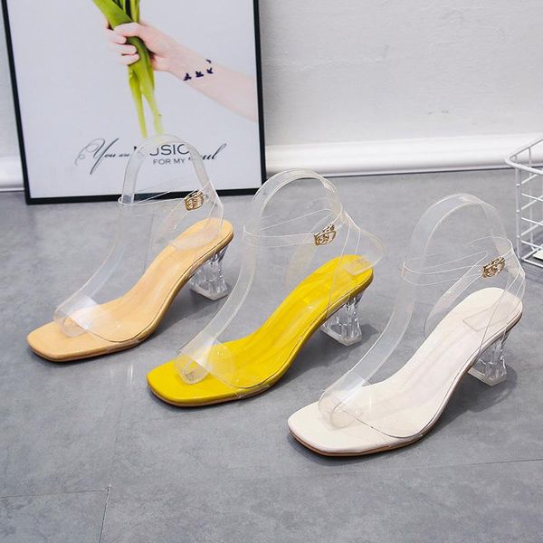 

sandals 2021 summer women transparent square low heels lady clear block 5.5cm high fashion strap yellow quality shoes, Black