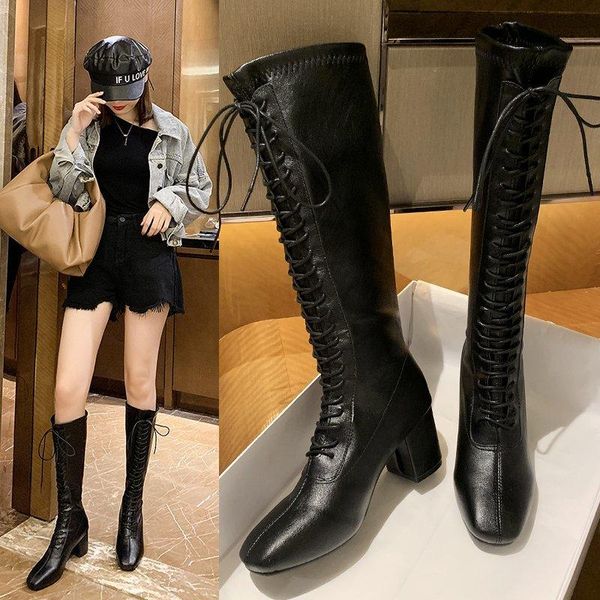 

knee-length boots women's autumn cross strap fashion square heel high heel women's boots black all-match single