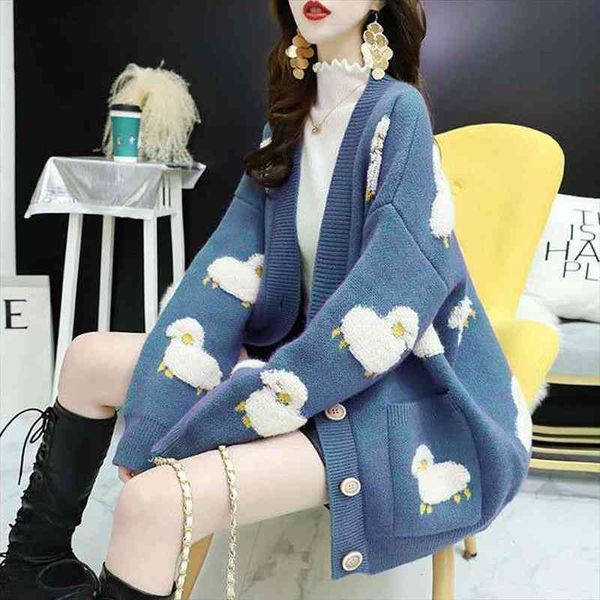 

autumn winter knitted female cardigan loose streetwear knit sweater coat cute cartoon print v neck knitted cardigan women jacket, White;black