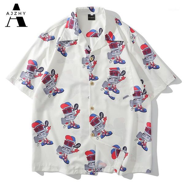 

streetwear hawaiian shirt men funny robot print hip hop casual fashion short sleeve shirts summer korean harajuku shirt clothes1, White;black