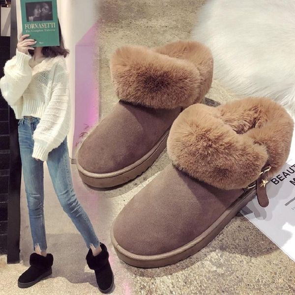 

short tube snow boots female 2020 winter new flat bottom set foot round head plus velvet warm thick hairy casual cotton boots, Black