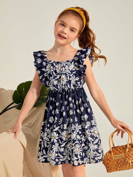 

girls ruffle trim daisy floral dress she, Red;yellow