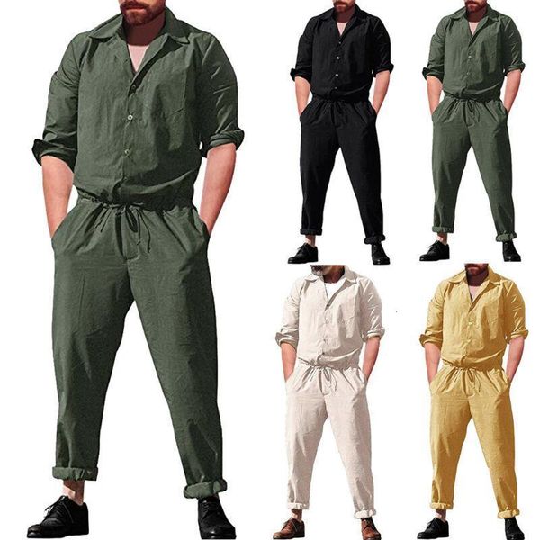 

casual men romper safari style men plain jumpsuit long sleeve turn-down collar shirt pants set fashion streetwear solid jumpsuit, Gray