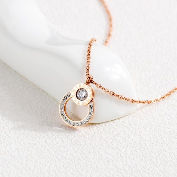 

pendant necklaces fashion rose gold stainless steel necklace for women roman numeral round shape mosaic zircon jewelry girl gift xl091, Silver