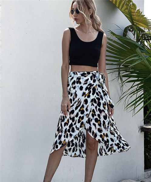 

women wrap midi bud skirts casual tie knot flowy split lace up skirts high waist leopard print for women1, Black