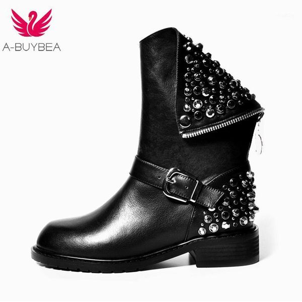 

a-buybea new genuine leather women boots fashion rivets square heels autumn winter ankle boots fur snow hip-hop black1, Black