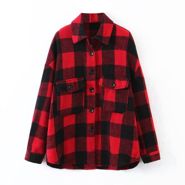

women's wool & blends 2021 woolen red and black plaid shirt sacos de mujer vestir abrigo coat winter women coats