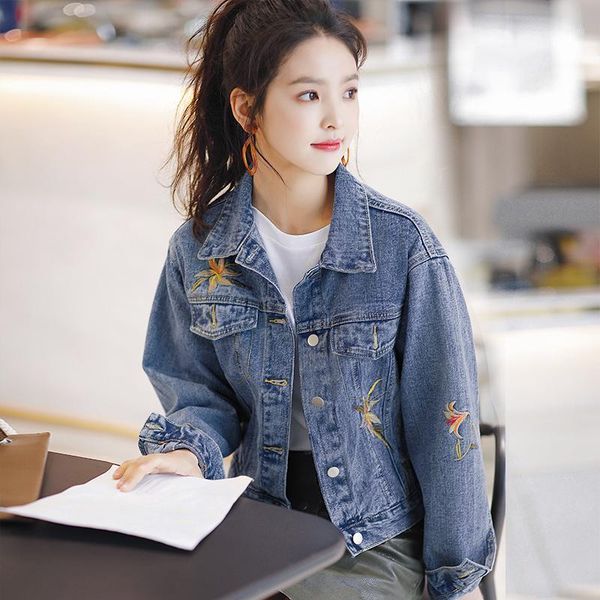 

2020 spring new embroidered loose denim jacket women long sleeve single-breasted fashion casual denim jacket female outwear1, Black;brown