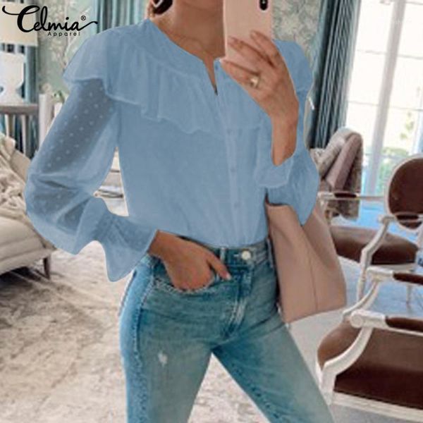 

celmia women blouses 2019 new elegant see-through ruffles shirts casual long flare sleeve buttons female blusas plus size 1, White