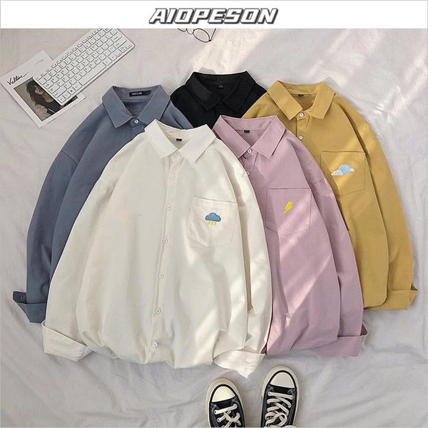 

aiopeson cotton embroidery men's shirt 2021 new spring streetwear harajuku male shirts loose long sleeve shirt men size -5xl, White;black