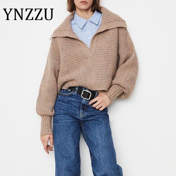 

women's sweaters ynzzu 2021 women fashion khika knitted sweater jumper turn down collar lantern sleeve female pullovers chic at694, White;black