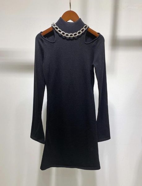 

2020fw fashion women diamonds chains off shoulder flare sleeve knitted slim dresses for ladies rmsx 11.271, Black;gray