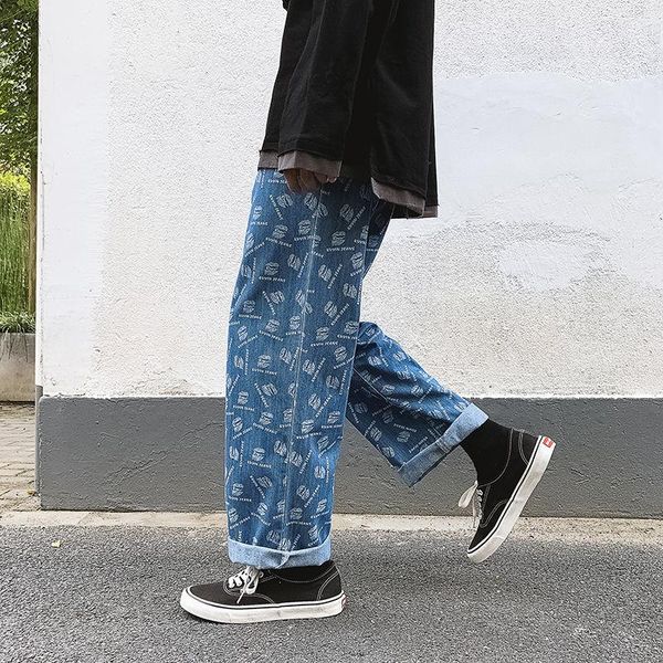 

men's jeans 2021 autumn and winter youth loose large size korean printed fashion casual straight-leg pants -5xl, Blue