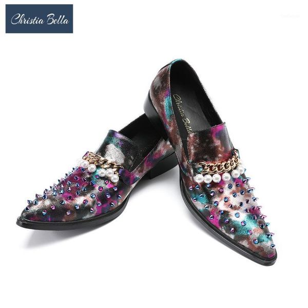 

dress shoes christia bella mens fashion rivets design pointed toe slip on printing leather casual men loafers leisure party shoes1, Black