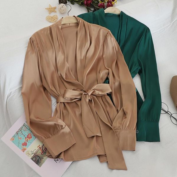 

autumn green/blue/khaki satin blouse for women deep v-neck long sleeve sashes shirts female blusas fall fashion new 2021, White