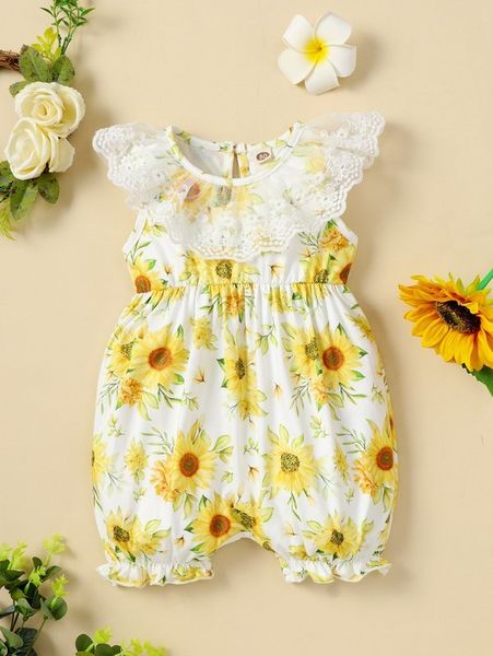 

baby floral print embroidery mesh ruffle trim romper she, Blue