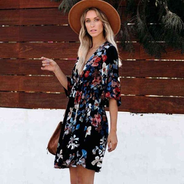 

casual dresses summer women's v-neck printed trumpet 7-sleeve elastic waist dresses, Black;gray