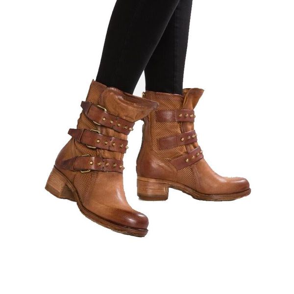 

boots women autumn winter pu leather mid heels retro buckle strap platform punk ladies shoes plus size botas mujer, Black